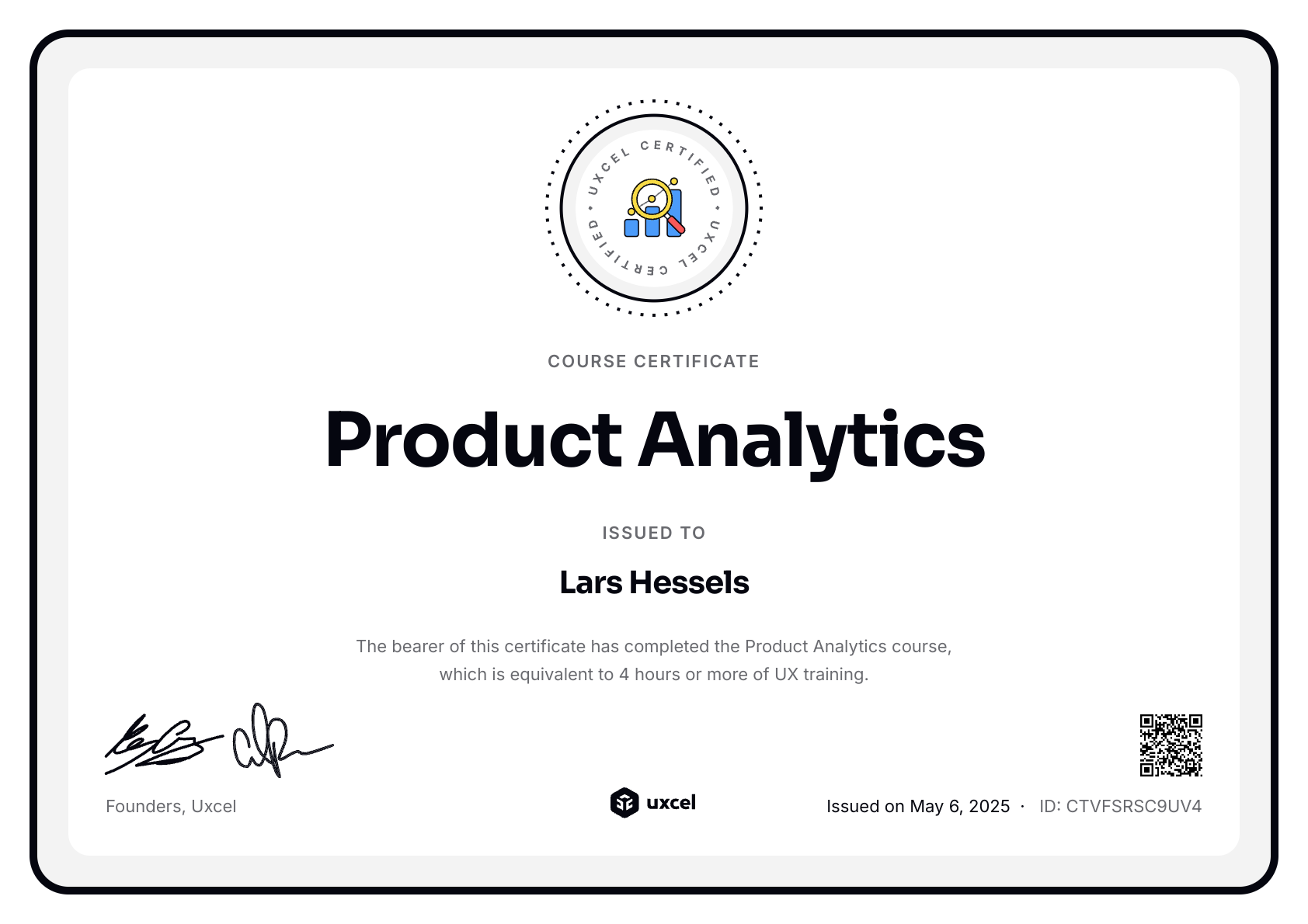 Lars Hessels's certificate